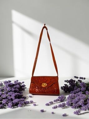 Vintage Cross body Bag Made In Mexico Brown Leather Horse Hair Rose Purse